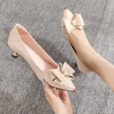 Women's Summer Footwear Office with Medium Heels Shoes for Woman 2023 Black Bow Pointed Toe High Quality Chic and Elegant
