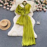 Stylish Women Shirt Solid Summer Fashion O-neck Cut-out One Shoulder Single Breasted Slim Waist Irregular Pleated Shirt
