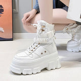 Chunky Platform Ankle Boots Women Black White Thick Bottom Motorcycle Boots Woman Autumn Winter Lace Up Short Booties