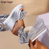 wedge slippers women 2024 new Shiny Sequin butterfly knot sandals women summer fashion Slope heel open toe Slippers size