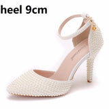 Breakj Cm White Pearl Tip-Pointed High-Heeled Sandals Fine Heel Size High Heeled Sandals Female Wedding Shoes