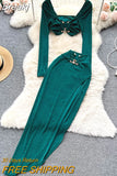 Women Sexy 2 Piece Set Fashion Streetwear Square Collar Long Sleeve Crop Top + Elastic Waist High Slit Long Skirt