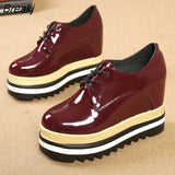 Women Shoes Patent Leather Lace Up Thick Heel Increased Flat Platform Oxford Shoes Woman Loafers Solid Black Casual