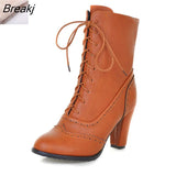 Large Sizes 32-43 British Style Women's Brogue Shoes woman Fashion High Heel Lace Up Ankle Boots Autumn Winter