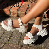 Ladies Leather Sandals 2023 New Summer Rhombus Plaid Sandals Casual Buckle Flat Platform Platform Sandals for
