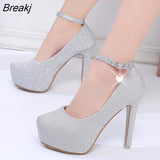 Wedding Shoes Women High Heels Women Pumps Bride Shoes Platform Super High Heel 12cm Black Silver