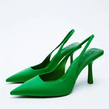 Breakj 2023 New Pointed Thin Heel Single Shoes Behind The Empty Bag Head Sandals High Heel Shoes Green Women