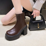 Women Chunky High Heels Ankle Boots Pu Leather Thick Platform Gothic Booties Woman Back Zipper Short Boots Female