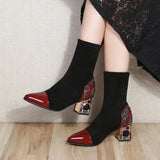 Women's Thick High Heel Ankle Boots Women's Pointed Tip Warm Elegant White Black High Quality Short