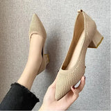 Heel Stretch Knitted Pumps Shoes Women's Shallow Flats High Heels Dress Shoes Pointed Toe Mesh Breathable Cozy