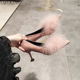 Sweet Furry Fur Pointed Toe Shallow Mouth High Heels Suede Stiletto Ladies Pumps Pink Fairy Style Party Wedding