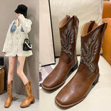 Breakj Coarse And Western Cowboy Boots V Mouth Embroidery Sleeve Knight Boots In The Barrel Square Retro