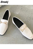 Women Slip on Loafer Flat Shoes Chain Autumn Fashion British Metal Buckle Flat Shoes Round Toe Green Casual