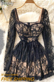 Black Lace Dress Women Sexy Hollow Out Mini Party Dress Square Collar Full Sleeve Slim Waist A-line Clubwear Robe