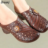 Handmade Women Slippers Genuine Leather Women Shoes 2023 New Summer Slides Hollow Out Retro Leisure Ladies