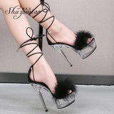 Women's Sandals 2023 Summer New Waterproof Platform Transparent Fur High Heels Cross Straps Thin Heel Pole Dance