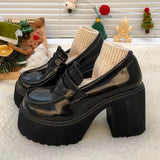 Pu Leather Women's Platform Loafers 2023 Gothic Black Chunky High Heels Pumps Woman Preppy Style Jk Uniform Shoes