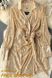 Sexy Sequins Glitter Mini Party Dress for Women Fashion Spring Solid V-neck Long Lace-up Sash A-line Short Club