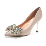 Rhinestone Wedding Bride Shoes Women 2023 Shiny Sequins Thin Heels Pumps Woman Sliver Bowknot Party High Heel Shoes
