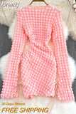 Women Pink Dress 2023 New Autumn Fashion O-neck Long Sleeve Holes Drawstring Lace-up Slim Stretch Mini Party