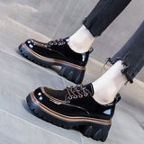 Women's Shoes British Style Chunky Platform Women Pumps 2023 Spring Lace Up Loafers Woman Round Toe Patent Leather