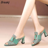 New Peep Toe Genuine Leather Women Slippers Thick Med Heels Slippers Fashion Ladies Summer Dress Shoes heels for