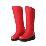 New Forst Winter Snow Boots Women Mid Calf Warm Plush Wedges Shoes Waterproof Down Patchwork PU Buttons Platform