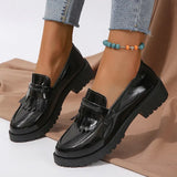 Black Patent Leather Platform Loafers Women Fashion Tassels Shallow Flats shoes Woman British Style Middle Heels Office