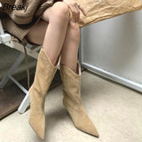 Women Mid-Calf Boots Fashion Short Boots Shoes Thin Low Heel Pointed Toe Ladies Suede Slip On Chelsea Boots Brand 2022
