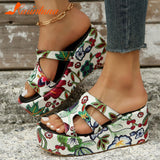 High Heeled Women's Slippers 2023 European Style Flower Pattern Comfy Walking Shoes Plus Size Summer Outside Lady