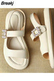 Buckle Thick Sole Sandals for Women Summer New Fashion Casual Rhinestone Roman Shoes Pu Leather Flat Sandalias De