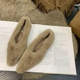 Toe Fur Ballet Flat Woman Shoes Winter Warm Plush Shallow Loafer Ladies Concise Furry Heeled Dress Shoes Zapatos