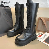 Boots 2023 Female High Platform Gothic Shoes Black Leather Boots Lace Up Women Knee High Boots Simple Autumn Winter