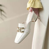 Retro Semi-drag Loafers Chain Woman Women's Round Head Med-heeled Gold Chain Closed Toe Casual