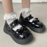 Sweet Lace Bowknot Lolita Shoes Women Heart Buckle Patent Leather Mary Janes Woman 2024 Round Toe Platform Flats