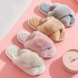 Women's Cross Band White Fur Slippers Winter Warm Plush Soft House Slippers for Women Indoor Open Toe Fluffy Home Shoes