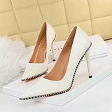 Breakj Retro Stone Grain High Heels Women's Shoes Heel High Heel Shallow Pointed Metal Beads Rivet Women's Singles
