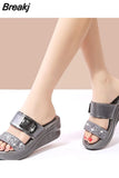 Women Shoes 2023 Slippers Wedge Female Sandals Ladies Bling PU Leather Outside Casual Shoes Summer Footwear Woman Slides