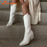 Hot Fashion 2023 Winter Comfy Cowgirl Western Boots Retro Vintage Women Knee High Boots Embroidery Dress Ladies