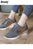 Autumn New Wedges Shoes for Women Plus Size Lace-up Versatile Vulcanize Shoes Fashion Bling Causal Shoes Zapatos De