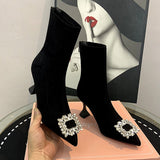 Boots Women Boots Women Shoes Woman Fashion High-heeled Pointed Flock Boots Spring Autumn Rhinestone Short