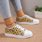 Size 43 Women's Flat Shoes 2024 New Sunflower Print Casual Lace Up Canvas Shoes Outdoor Versatile Walking Vulcanized