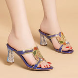 Diamond Sandals, Women's High-Heeled Slippers, Summer Rough Heels With Diamond-Encrusted Crystals, Fashionable Heels, Sandals And