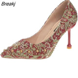 crystal metal snow rivets single shoes red/black women wedding shoes pointed toe thin high heels slip on pumps