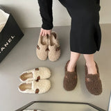 Women's Winter Plush Flat Shoes Outdoor Fashion Round Toe Warm Plush Loafers 2024 New Comfy Curly Sheep Fur Woman Cotton