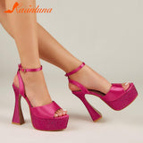 High Heels Women's Sandals Summer 2023 Fashion Party Banquet Ankle Buckle Shoes Rhinestones Open Toe Comfy Ladies