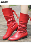 Size 35-43 Women Knee-High Boots Back Lace Up Low Heels Winter Shoes Black Boot White Botas Mujer Female Snow Boot