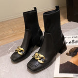 Square Toe Women's Boots Chain High Heels Solid Color Ankle Boots Women's Boots Knitted Fashion Thick Heel Women's