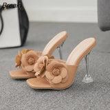 Fashion Flowers Designer Womens Shoes Elegant Square Toe Ladies Slippers Sandals Transparent Crystal Strange
