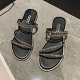 Women Slippers Flat Glitter Slides Fashion Low Pantofle Soft Jelly Luxury Summer 2023 Rubber Rome Crystal Basic